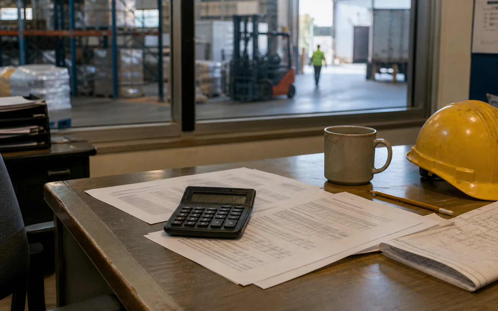 AI illustration of a warehouse office desk with a calculator, hire paperwork and safety helmet.