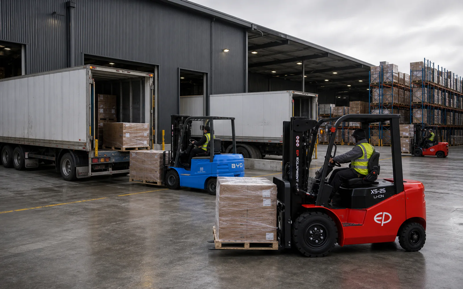 AI illustration of red and blue forklifts working around a warehouse loading dock.