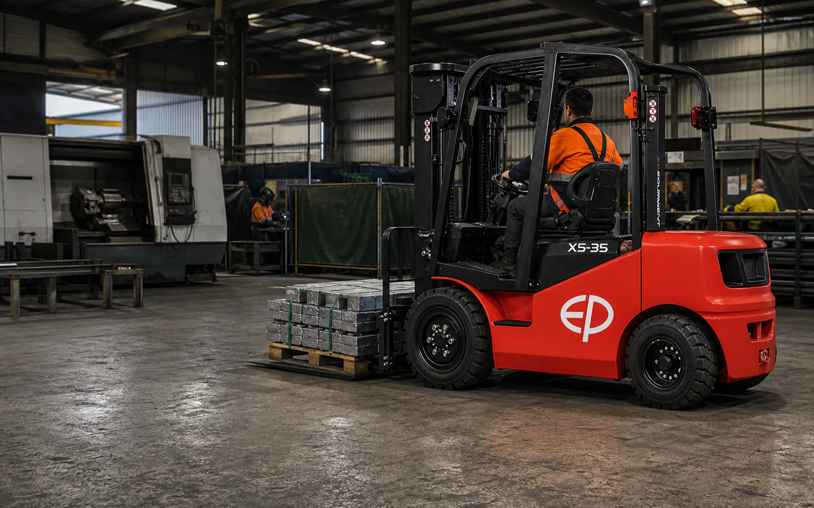 AI illustration of a red forklift carrying a secured steel load in a manufacturing workshop.
