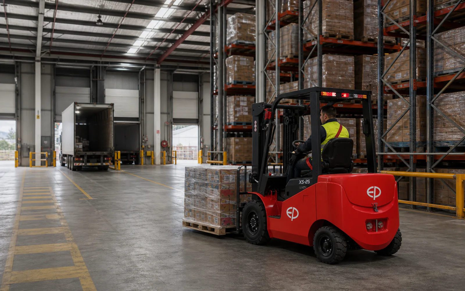 AI illustration of a red forklift handling a wrapped pallet near warehouse loading bays.